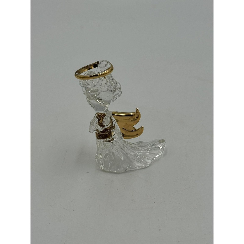Miniature Glass Angel Figurine Gold Accent Halo Wings Christmas 1.5"